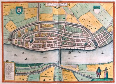 Kampen ja IJssel-joki tai Yssel, Alankomaat (kaiverrus tekijältä Franz Hogenberg