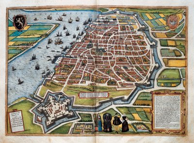 Antwerpenin kartta, "Maailman kaupungeista" (värinen kaiverrus) tekijältä Franz Hogenberg