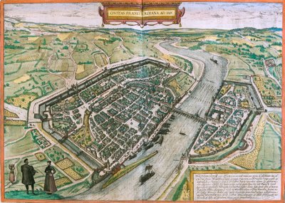 Kartta Frankfurtista (Francofordia), Saksa (etsaus tekijältä Franz Hogenberg