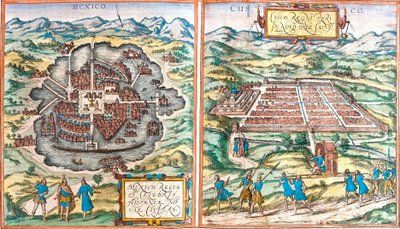 Meksikon (Meksiko) ja Cuzcon (Cusco) (Peru) kartta (etsaus tekijältä Franz Hogenberg