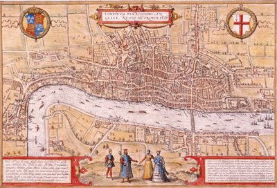Lontoon Cityn, Southwarkin ja osan Westminsterin kartta, 1572 tekijältä Franz Hogenberg