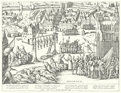 Espanjalaisten suorittamat joukkoteloitukset Haarlemissa, Alankomaissa, 1573 tekijältä Franz Hogenberg
