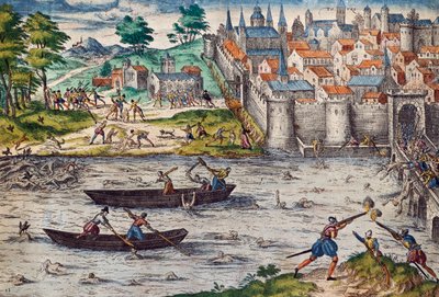 Toursin verilöylyt heinäkuussa 1562 hugenotteja vastaan käytyjen uskonnollisten sotien aikana, kaiverrus Franz Hogenberg (1535-1590), Ranska tekijältä Franz Hogenberg