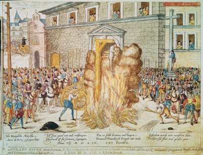 Uskonnollinen sota: ranskalaisen protestanttisen tuomarin Anne du Bourgin (1521-1559) teloitus 23.12.1559 Place de Grevellä Pariisissa. tekijältä Franz Hogenberg
