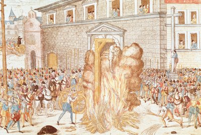 Hirmutukseen tuomitun tuomarin Anne du Bourgin teloitus, jota seuraa ruumiin polttaminen 23. joulukuuta tekijältä Franz Hogenberg