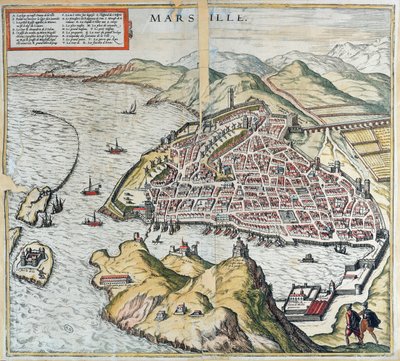 Näkymä Marseillesta 1500-luvulla, jossa vasemmassa alakulmassa spitaalisten sairaala, Georg Braunin Le Théâtre du Mondesta, 1599 tekijältä Franz Hogenberg