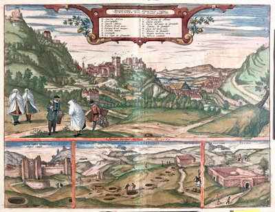 Näkymä Alhambrasta Granadan kaupungin kanssa Espanjassa: ylhäältä näkymä Alhambraan Cerro del Sol -kukkulalla. Vasemmassa alakulmassa näkyvät Alhambran suljetut ovet. Keskellä ovat Masmorosin luolien suut. Suuri rakenne alhaalla oikealla tekijältä Franz Hogenberg