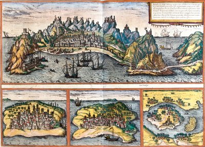 Näkymät Adenille (Jemen), Mombasalle (Mombaza) (Kenia), Kilwa Kisiwanille (Quiloa) (Tansania) ja Cefala Dianalle (Cefala) (Sisilia, Italia) (etsaus) tekijältä Franz Hogenberg