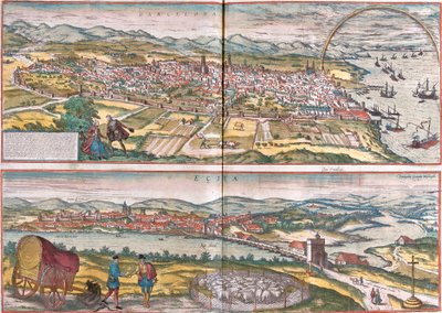 Näkymät Barcelonaan ja Ecijaan (Eciia), Espanja (etsaus tekijältä Franz Hogenberg