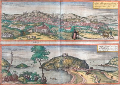 Näkymät Burgosiin ja San Sebastianiin (tai Donostiaan), Espanjaan (etsaus tekijältä Franz Hogenberg