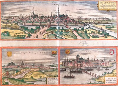 Näkymät Groningeniin (Groeninga), Brouwershaveniin (Broversavia) ja Gorinchemiin (Goricum), Alankomaissa (etsaus tekijältä Franz Hogenberg