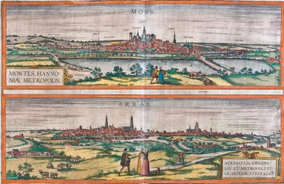 Näkymät Monsiin (Montes) (Belgia) ja Arrasiin, Ranskaan (etsaus tekijältä Franz Hogenberg