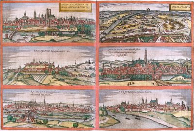 Näkymät Müncheniin (Monacum) Ingolstadt (Ingolstadion), Freising (Frisingensis), Nordlingen (Nordlinga), Regensburg (Ratispona) ja Straubing (Stravbinga), Saksa (etsaus) tekijältä Franz Hogenberg