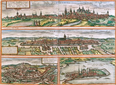 Näkymät Nürnbergiin (Nurnberga), Ulmiin (Ulma), Lindauhun (Lindolaan), Saksaan ja Salzburgiin (Salisburgensis) Itävallassa (etsaus tekijältä Franz Hogenberg