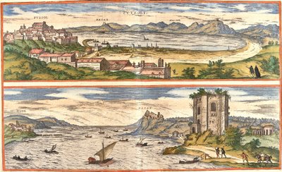 Näkymät Pozzoliin (Puteoli) ja lahdille (Baiae) (nykyinen Baia), Italia, Napolinlahden lämpökylpylöiden muinaiset jäännökset ja linnoitus (etsaus) tekijältä Franz Hogenberg