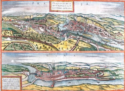 Näkymät Prahaan (Praga) ja Egraan, Tšekkiin (etsaus tekijältä Franz Hogenberg
