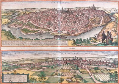 Näkymät Toledoon ja Valladolidiin (Vallisoletum), Espanja (etsaus tekijältä Franz Hogenberg