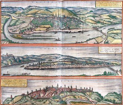 Näkymät Treves (Treveris), Koblenz (Coboletz) ja Rothenburg (Rotenburgum), Saksa (etsaus) tekijältä Franz Hogenberg