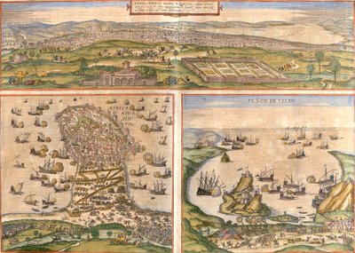 Näkymät Tunisiasta (Tunes) ja Mahdiasta (Aphrodisium) Tunisiassa sekä Penon de Velez de la Gomera tai Badis (Bades) (Penon de Veles), penon de Veles, kiistelty Espanjan ja Marokon välillä (etsaus). tekijältä Franz Hogenberg
