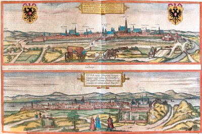 Näkymät Wieniin (Wien), Itävaltaan ja Budapestiin (Buda), Unkariin (etsaus tekijältä Franz Hogenberg