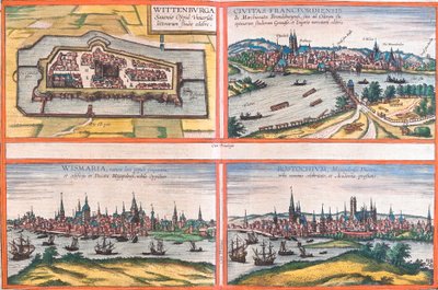 Näkymät Wittenburgiin (Wittenburga), Frankfurtiin (Francfordiensis), Wismariin (Wismaria) ja Rostockiin (Rostochium), Saksa (etsaus) tekijältä Franz Hogenberg