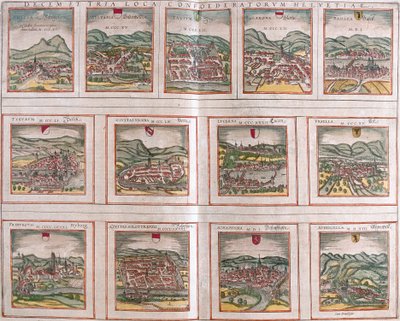 Näkymät Sveitsin valaliiton tärkeimmistä kaupungeista: Schwytz (Svicia), Zug (Tugium), Glaris (Glarona), Basel (Basel), Zürich (Tugurum), Bern (Ursina), Luzern (Lucerna), Uri (Ursella), Fribourg (Freegurgum), Solothurn (Soloturensis), Schaffhausen (kappeli tekijältä Franz Hogenberg