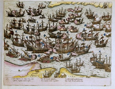voittamattoman espanjalaisen Armadan tappio Englannin rannoilla 8.8.1588, kuva vuodelta 1653 (kaiverrus) tekijältä Franz Hogenberg