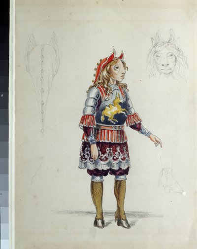 Pukusuunnittelu Cesare Pugnin (1802-1870) balettiin "Le petit cheval humpback" (C. Pugnin pukusuunnittelu baletille The Little Humpbacked Horse). Pieni hevonen. Franz Iosifovich Nordmarkin työ, lyijykynä ja akvarelli paperille tekijältä Franz Iosifovich Nordmark