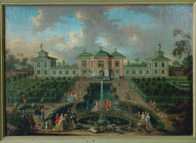 Hovielämää Augustusburgin palatsin puistossa Intian talon ympärillä, näkymä lännestä ... tekijältä Franz Jakob Rousseau