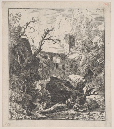 Levy 2: kaksi hahmoa istumassa puunrungolla virran rannalla etualalla,..., n. 1700-25. tekijältä Franz Joachim Beich