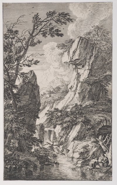 Levy 4: kaksi kalastajaa virran rannalla oikealla, vesiputous keskellä, edestä..., n. 1700-25. tekijältä Franz Joachim Beich