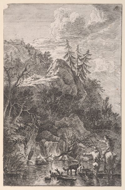Levy 5: naishahmo hevosen selässä ja uroshahmo koiran kanssa seisomassa jonossa..., n. 1700-25. tekijältä Franz Joachim Beich