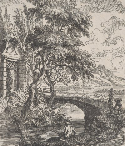 Kilpi 7: kaksi hahmoa oikealla ylittämässä kivisiltaa, kalastaja for..., n. 1700-25. tekijältä Franz Joachim Beich