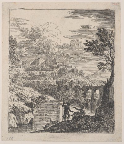 Kaksi paimenta lepää jalustan vieressä, akvedukti oikealla taustalla, a..., n. 1700-25. tekijältä Franz Joachim Beich