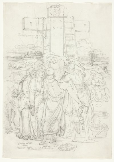 Baixada de la creu amb una silueta de Jerusalem al fons finlandès tekijältä Franz Johann Heinrich Nadorp