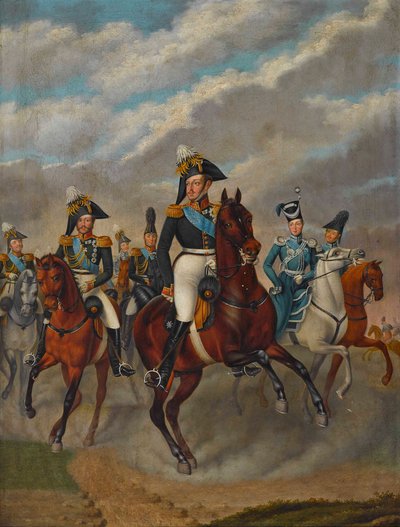 Venäjän tsaari Nikolai I Tsarevitš Aleksanterin ja hänen seuralaisensa kanssa. tekijältä Franz Krüger