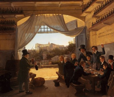 Saksa: Kronprinz Ludwig in der Spanischen Weinschänke zu Rom Kruununprinssi Ludwig espanjalaisessa viinituvassa Roomassa. tekijältä Franz Ludwig Catel