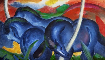 Isot siniset hevoset, Franz Marc (1880-1916), öljy kankaalle tekijältä Franz Marc
