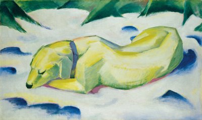 Koira makaa lumessa, n. 1911 (öljy kankaalle) tekijältä Franz Marc