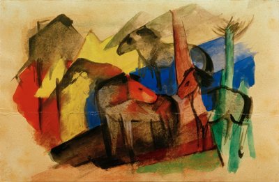 Drei Pferde in Landschaft mit Häusern tekijältä Franz Marc