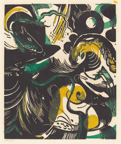 Genesis II (Schopfungsgeschichte II), 1914 (puupiirros keltaisella, mustalla ja vihreällä). tekijältä Franz Marc