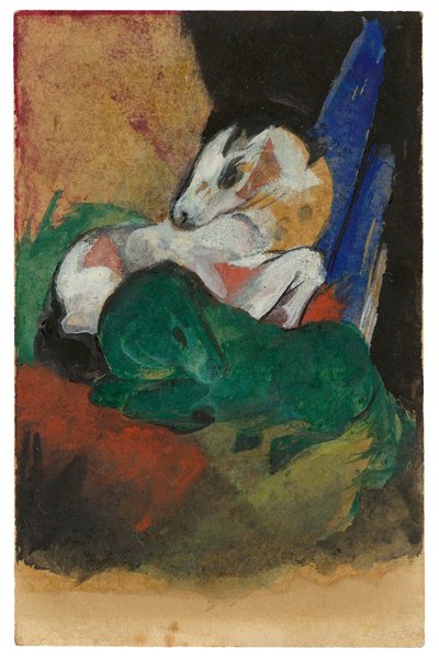 Vihreä ja valkoinen hevonen. Postikortti Elisabeth Mackelle, 1913. tekijältä Franz Marc
