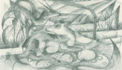 Hirvi ja peura alkukantaisessa maisemassa tekijältä Franz Marc