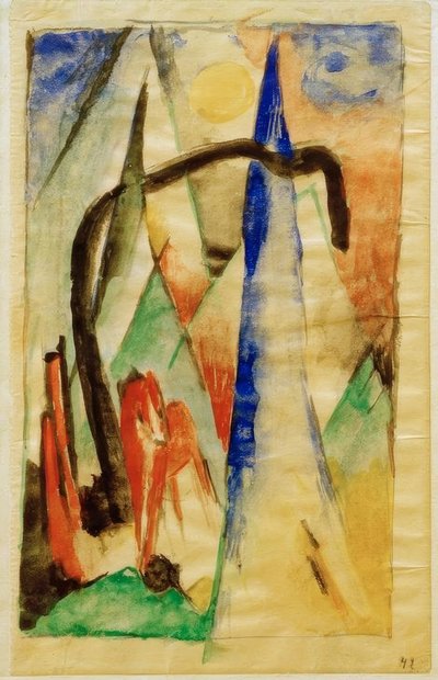 Pferd in Landschaft mit spitzen Formen tekijältä Franz Marc