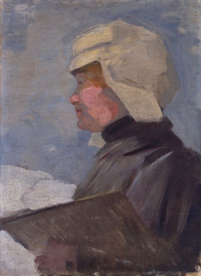 Palettia pitelevän taidemaalarin muotokuva (Maria Marc maalaamassa lumessa) tekijältä Franz Marc