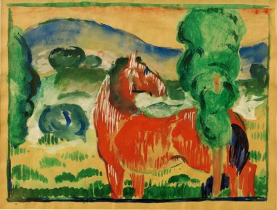 Rotes Pferd in farbiger Landschaft tekijältä Franz Marc
