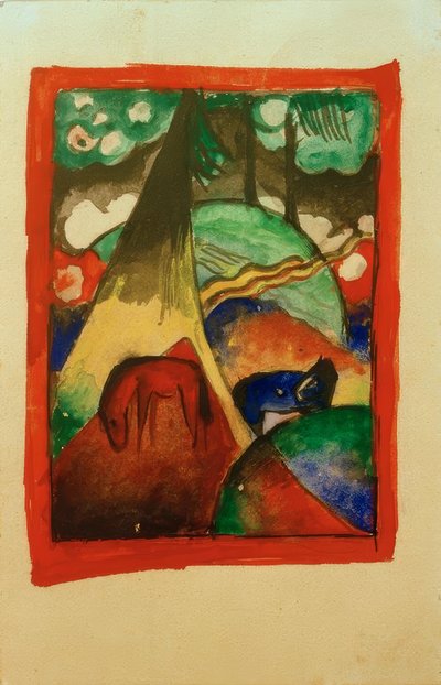 Punainen ja sininen hevonen maisemassa tekijältä Franz Marc