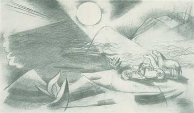 Koskematon maisema, jossa aurinko, vuoret, hevosryhmä tekijältä Franz Marc