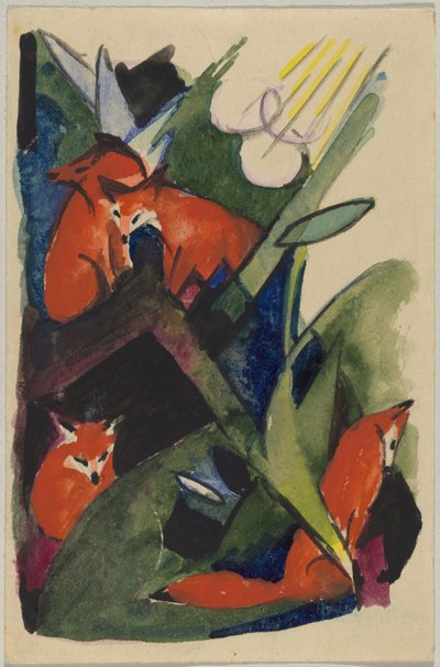 "Four foxes", Franz Marc Sindelsdorfista Wassily Kandinskylle Münchenissä: postikortti, postileima 4.2.1913 tekijältä Franz Marc