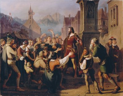 Minstreliksi naamioitunut herttua Friedrich IV paljastaa itsensä uskollisille tirolilaisille paetessaan Konstanzsta tekijältä Franz Schams